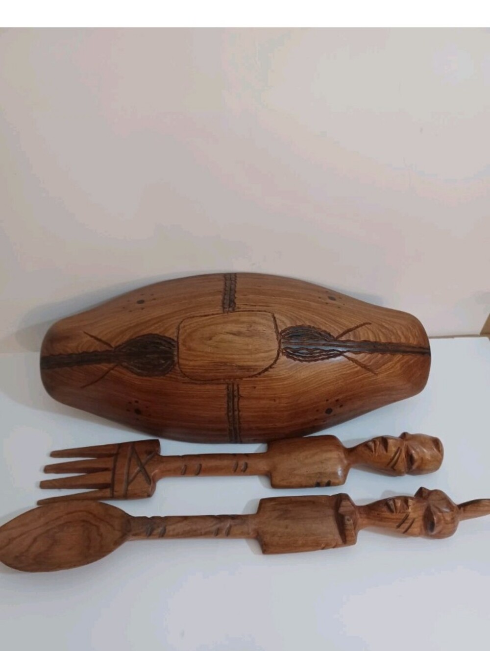 Hand-Carved Wooden Salad Bowl Set in Natural Brown